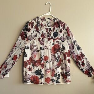 Lucky Brand Cream Floral Peasant Blouse with Red & Black Accents